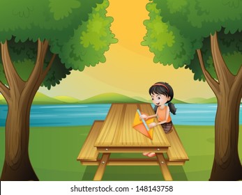 Illustration of a girl making a kite at the table