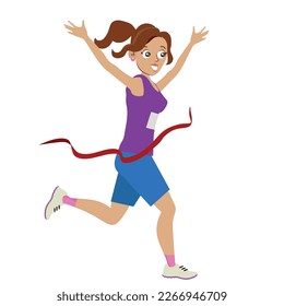 Illustration of a Girl Marathon Runner reaching the Finish Line Ribbon.