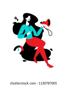 Illustration of a girl with a megaphone on the background of the letter Z. Vector flat illustration. PR specialist, advertiser. Specialist in advertising and SEO, smm. Character for the site.