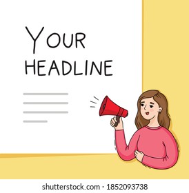 Illustration of a girl with a megaphone and space for a headline