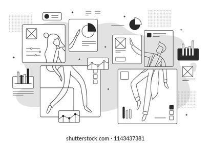 illustration of girl and men with graphics and interface elements
