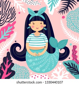 Illustration with a girl. Mermaid in cartoon style