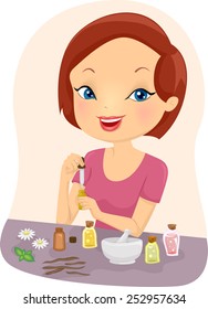 Illustration Of A Girl Mixing Essential Oils	