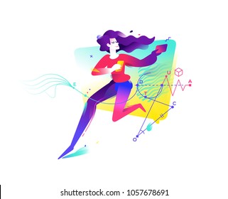 Illustration of a girl with mobile devices on a background of letters A. Vector illustration isolated on white background. Image for the banner of the website and print. Information Technology.