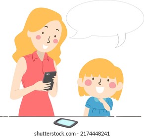 Illustration of a Girl and Mom with Mobile Phone Memorizing Contact Number for Kindergarten Preparation