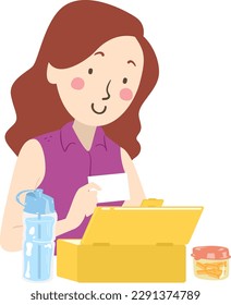 Ilustración de una niña mamá poniendo una nota en una caja de almuerzo preparada con Tumbler a su lado