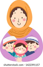 Illustration of a Girl Mother Wearing Hijab Hugging Her Kids Wearing Taqiyah and Hijab