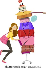 Illustration of a Girl Moving a Tall Stack of Bags and Other Belongings During Her Move to the Dorm