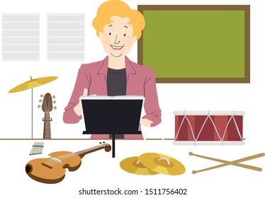 Illustration of a Girl Music Teacher with Music Sheet on Stand with Different Music Instrument and Blackboard