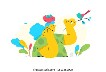 Illustration of a girl with a nest of chicks on her head. Vector. A woman listens to birdsong. Metaphor, taking care of children. Conservation of nature and assistance to birds. Bird on a twig.