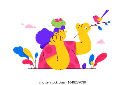 Illustration of a girl with a nest of chicks on her head. Vector. A woman listens to bird singing. Metaphor, concern for nature and children. Cartoon bird on a branch sings songs.