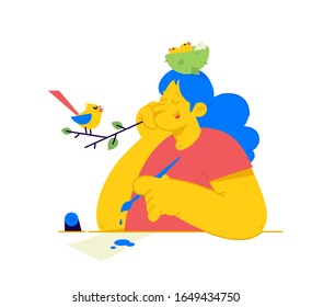 Illustration of a girl with a nest of chicks on her head. Vector. A woman listens to bird singing for inspiration. Metaphor, concern for nature and children. Cartoon bird on a branch sings songs.