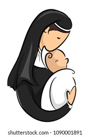 Illustration of a Girl Nun Holding an Infant Covered in Blanket