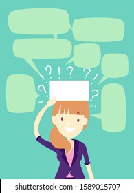 Illustration of a Girl in Office Attire Playing Office Game by Placing Blank Paper on Her Head and Guessing What is Written There. Blank Speech Bubbles and Question Marks Above Head