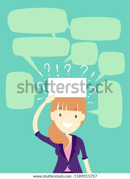 Illustration of a\
Girl in Office Attire Playing Office Game by Placing Blank Paper on\
Her Head and Guessing What is Written There. Blank Speech Bubbles\
and Question Marks Above\
Head