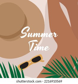 Illustration of a girl on the beach with the inscription summer time on a light purple background