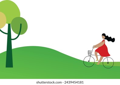 Ilustración de una niña en una bicicleta en un campo verde. Una chica con un vestido rojo va en bicicleta. La idea, el concepto, el estandarte. Una plantilla de gráfico. Gráficos vectoriales EPS 10