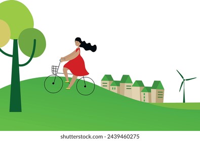 Ilustración de una niña en una bicicleta sobre un fondo de verano. Una chica con un vestido rojo monta una bicicleta contra el fondo de un pueblo, una casa verde y hierba Idea, concepto, bandera. Vector Gráficos EPS