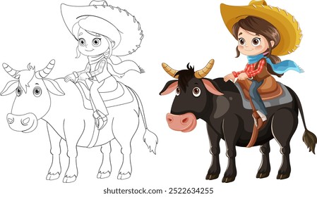 Illustration of a girl on a bull