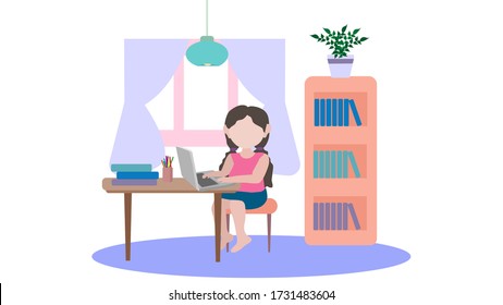 Illustration of a girl on distance learning behind a laptop. Vector image, eps 10