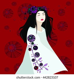 Illustration of girl on floral background