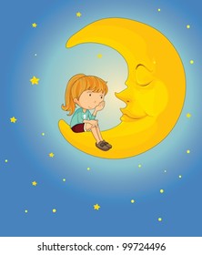 Illustration of girl on the moon