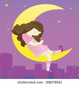 Illustration of girl on the moon. Background with night city and pillows