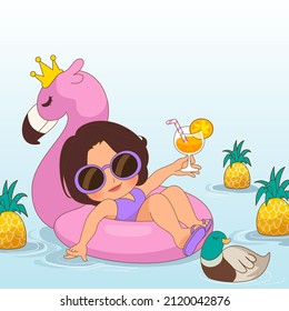 illustration of a girl on a pool with pineapple