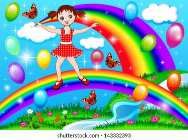illustration of a girl on a rainbow with balloons