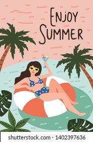 Illustration of girl on the sea with inflatable. Tropical vibe. Flat, trendy and retro style. For summer holiday season