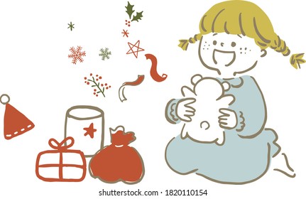 Illustration of a girl opening a Christmas present