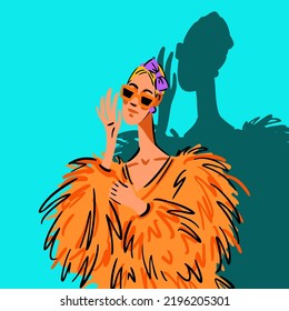 Illustration of a girl in an orange fur coat. Funny fashion illustration.