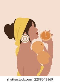 Illustration of a girl with oranges on a light pink background