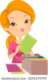 Illustration of Girl Organizing Colored Folders in Box at Home or Office
