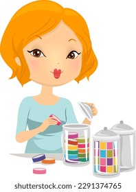 Illustration of Girl Organizing Colorful Tapes and Other Supplies in Glass Containers