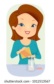 Illustration of a Girl Organizing, Transferring a Boxed Product to a Container