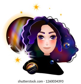 Illustration of a girl with Outer Space in Her Hair . Vector