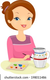 Illustration of a Girl Painting a Pot