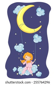Illustration of a Girl in Pajamas Riding a Swing Hanging From the Moon