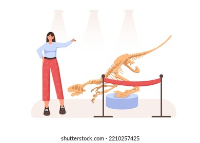 An illustration with a girl and a paleontological museum containing a dinosaur skeleton