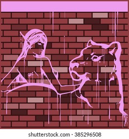 Illustration of a girl with a panther. Imitation of graffiti on the wall