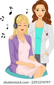 Illustration of a Girl Patient Wearing Headphones Listening to Music with Eyes Closed with Floating Music Notes and Her Therapist