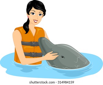 Illustration of a Girl Patting a Friendly Dolphin on the Snout