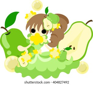 The illustration of the girl in the pear dress