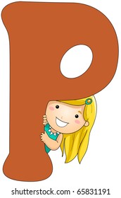 Illustration of a Girl Peeking From Behind a Letter P