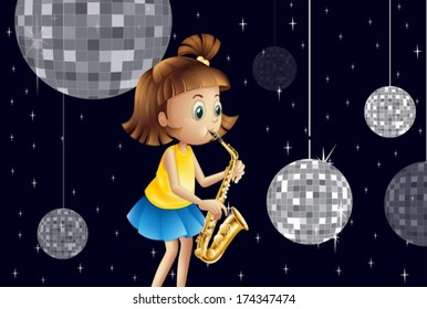 Illustration of a girl performing inside the disco house