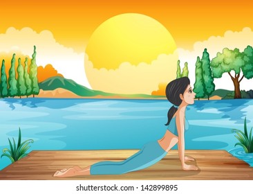 Illustration of a girl performing yoga along the river