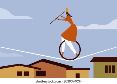 Illustration of a girl performs Indian street circus by carrying many things and walking over a rope