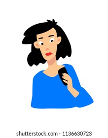 Illustration of a girl with a phone. Vector flat illustration. Young Asian girl looking into smartphone. Character for the site and print. Asian girl discouraged by messages.