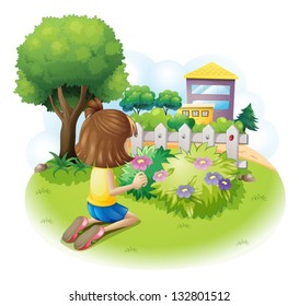 Illustration of a girl picking flowers on a white background